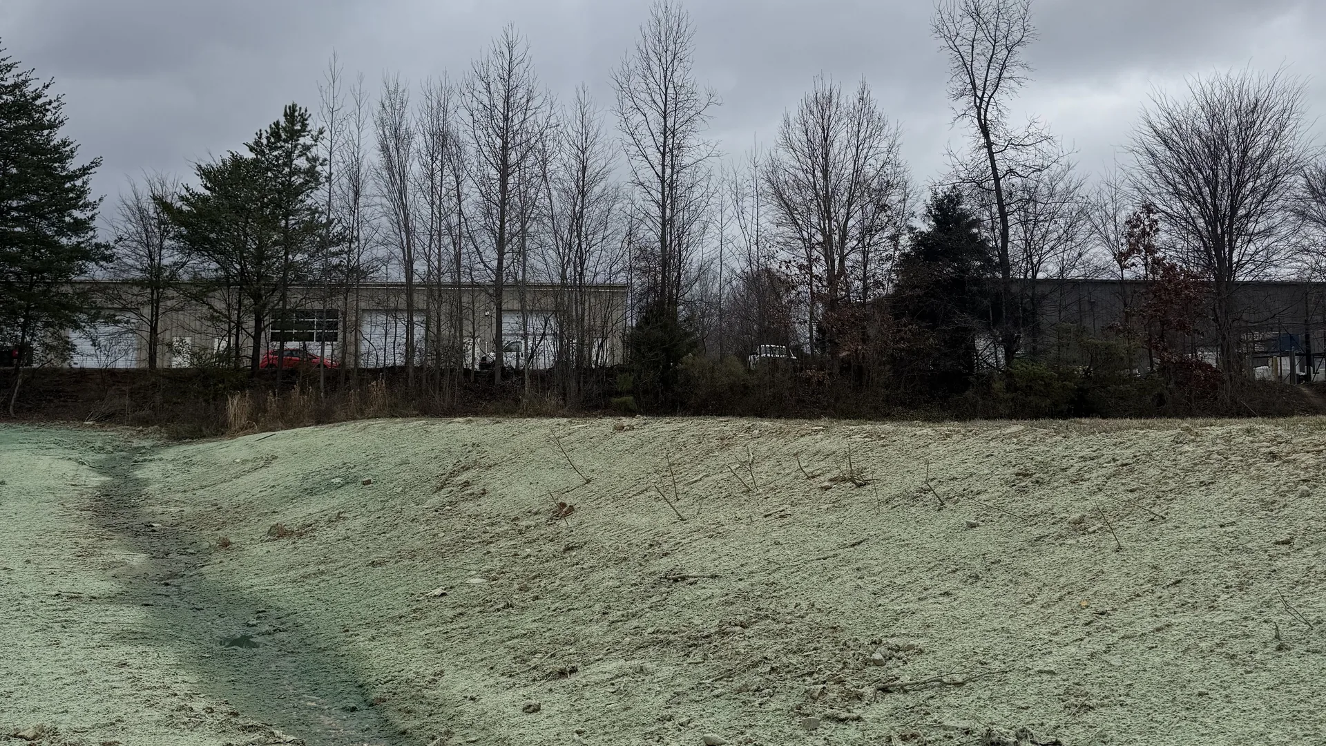 Hydroseeded slope with a drainage swale cut down the middle at a commercial site