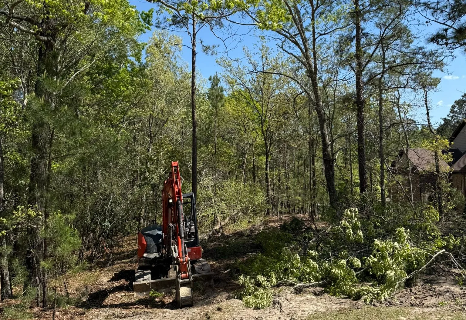 Mini excavator working through brush and small trees on a wooded lot