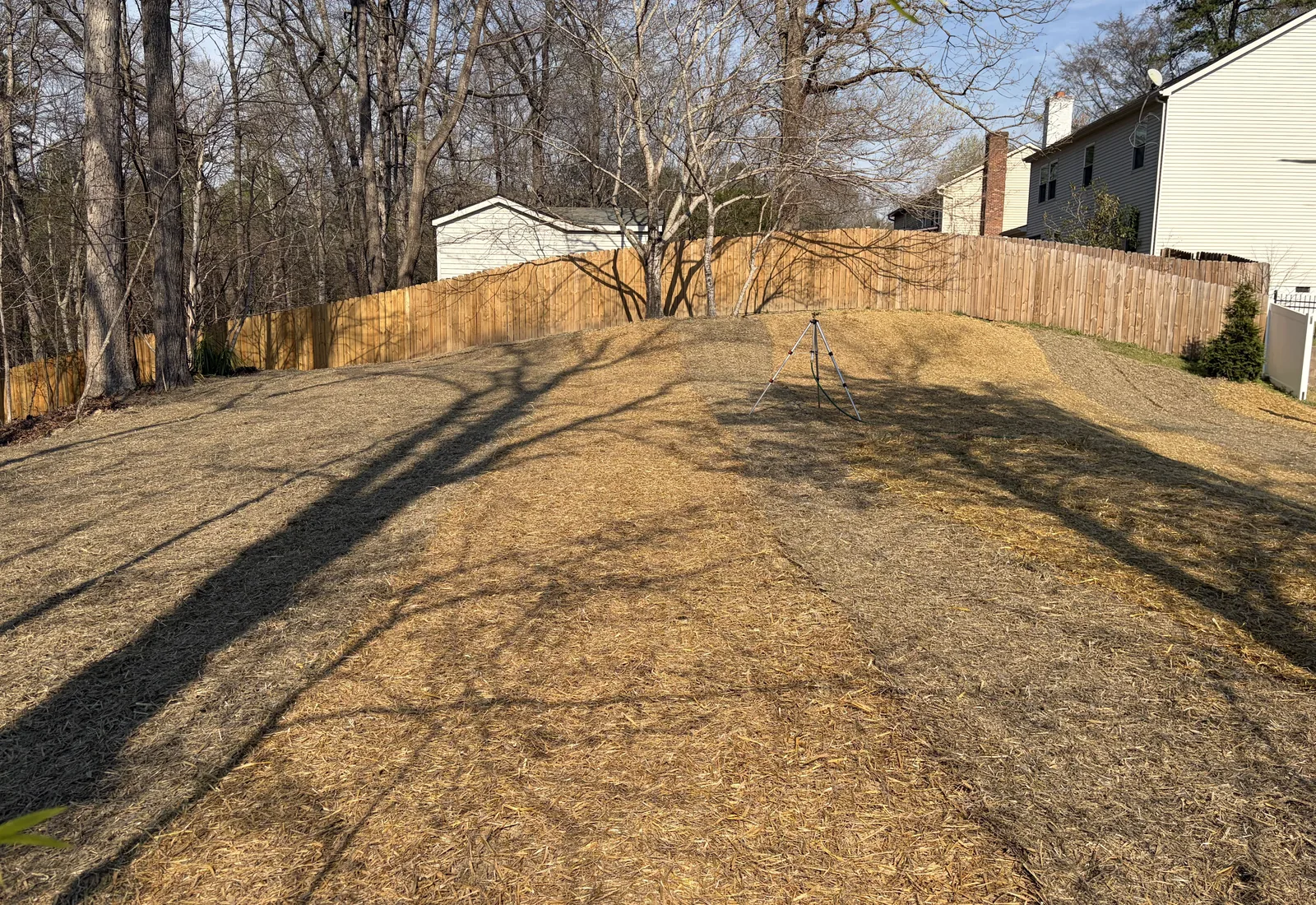 Regraded backyard slope covered in straw and seed with a wood privacy fence and a tripod on the finished grade